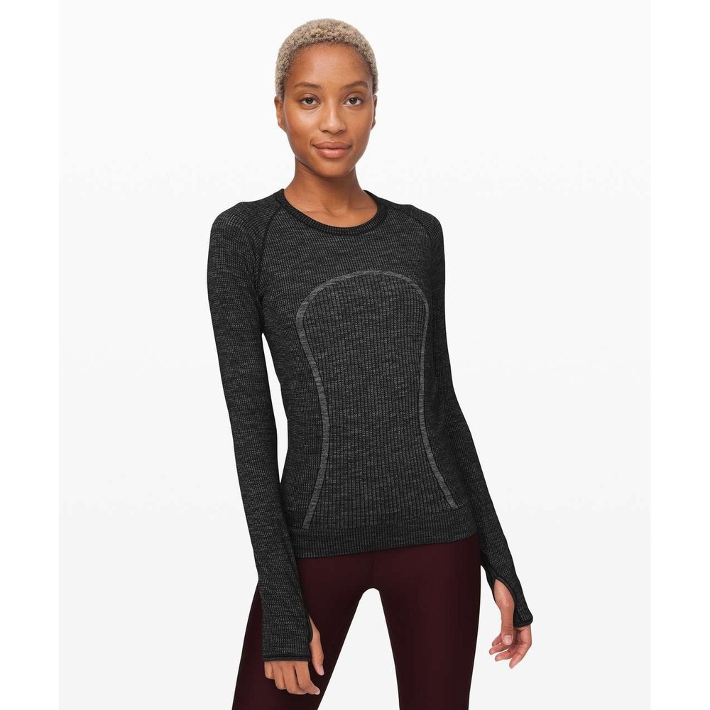 Lululemon Wool Swiftly Pullover Long Sleeve Black & Gray Shirt Thumb Holes 2 $98
